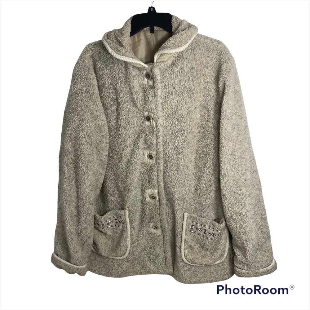 Vintage Cozy Teddy Coat Large Beige Women’s Button Down Jacket